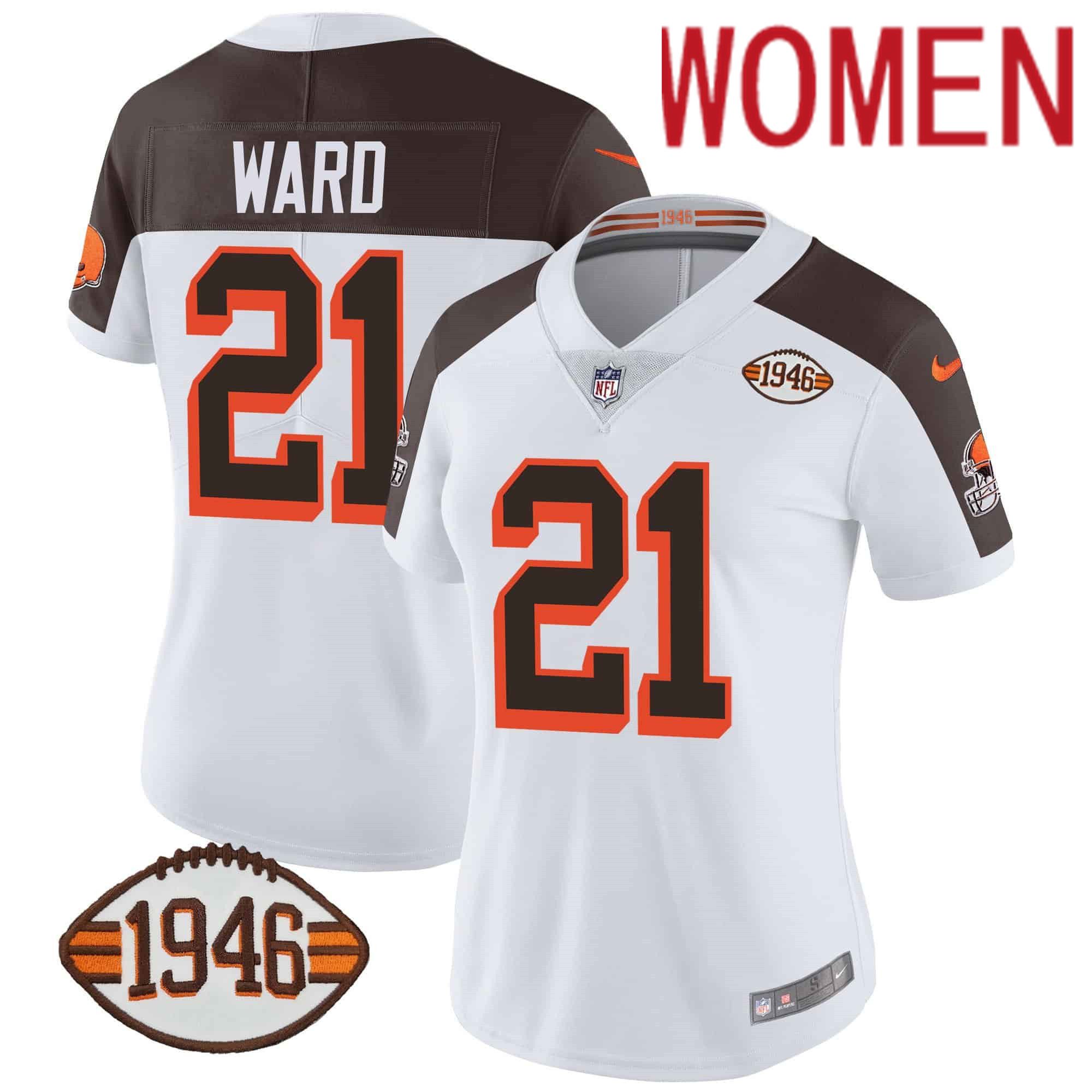Women Cleveland Browns 21 Ward White 1946 75th Anniversary Patch 2024 Nike NFL Jersey style 1
